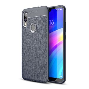 Xiaomi Redmi 7, TPU szilikon tok, bőrhatású, varrásminta, sötétkék