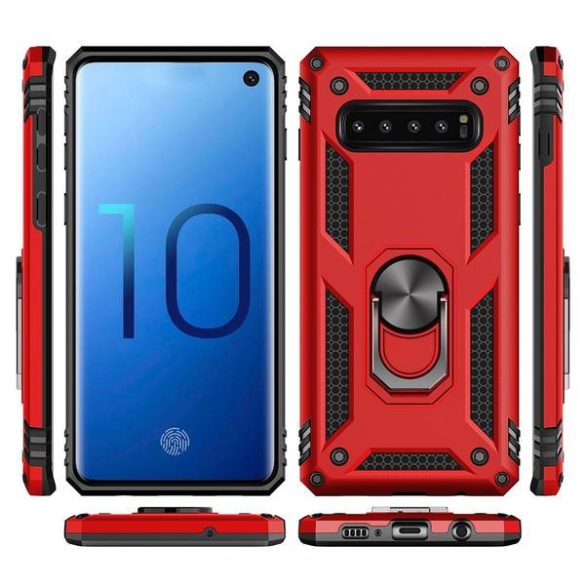 Huawei P30 Lite, Műanyag hátlap védőtok, közepesen ütésálló, szilikon belső, telefontartó gyűrű, Defender, piros
