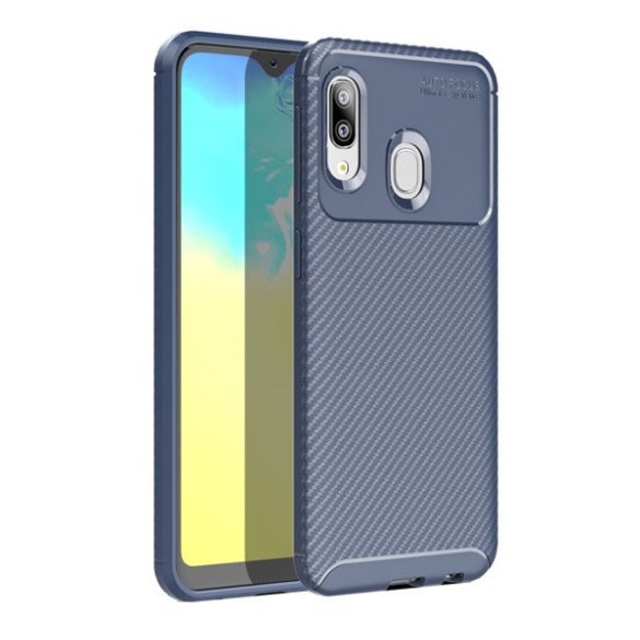 Samsung Galaxy A20e SM-A202F, TPU szilikon tok, közepesen ütésálló, légpárnás sarok, karbon minta, kék