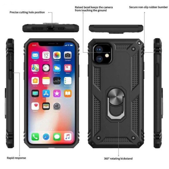 Samsung Galaxy S10 SM-G973, Műanyag hátlap védőtok, közepesen ütésálló, szilikon belső, telefontartó gyűrű, Defender, fekete