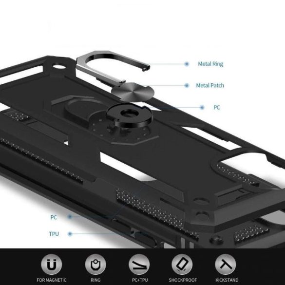 Samsung Galaxy A70 / A70s SM-A705F / A707F, Műanyag hátlap védőtok, közepesen ütésálló, szilikon belső, telefontartó gyűrű, Defender, fekete