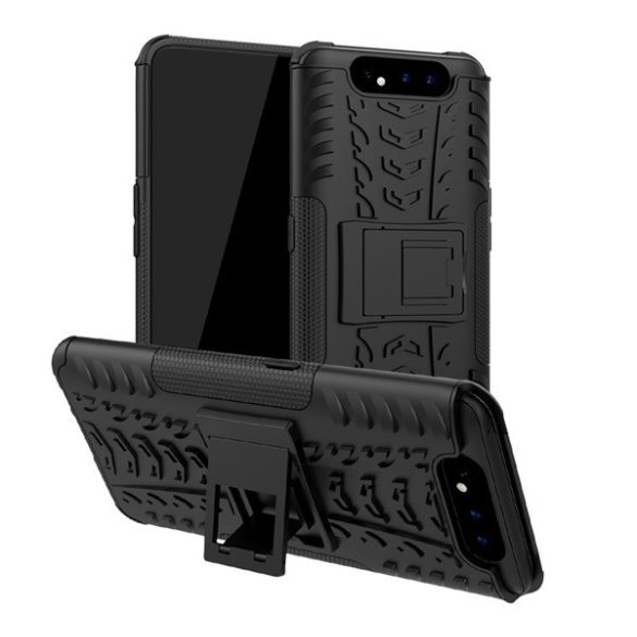 Samsung Galaxy A80 SM-A805F, Műanyag hátlap védőtok, Defender, kitámasztóval és szilikon belsővel, autógumi minta, fekete