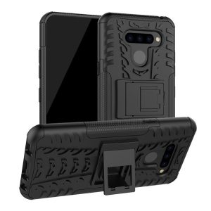 LG Q60, Műanyag hátlap védőtok, Defender, kitámasztóval és szilikon belsővel, autógumi minta, fekete