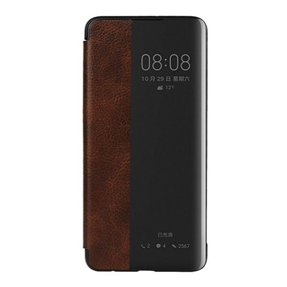 Huawei P30, Oldalra nyíló tok, valódi bőrtok, hívás mutatós, érdes felület, Smart View Cover, sötétbarna (utángyártott)
