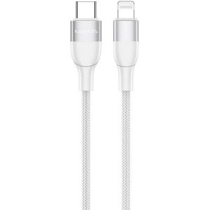 USB Type-C töltő- és adatkábel, Lightning, 120 cm, 3000 mA, 60W, gyorstöltés, PD, cipőfűző minta, MFI engedélyes, Usams Mjems, US-SJ330, fehér