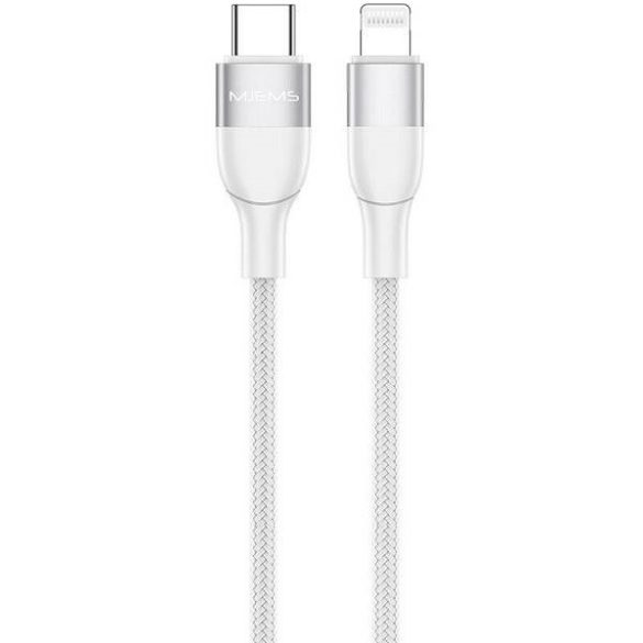 USB Type-C töltő- és adatkábel, Lightning, 120 cm, 3000 mA, 60W, gyorstöltés, PD, cipőfűző minta, MFI engedélyes, Usams Mjems, US-SJ330, fehér