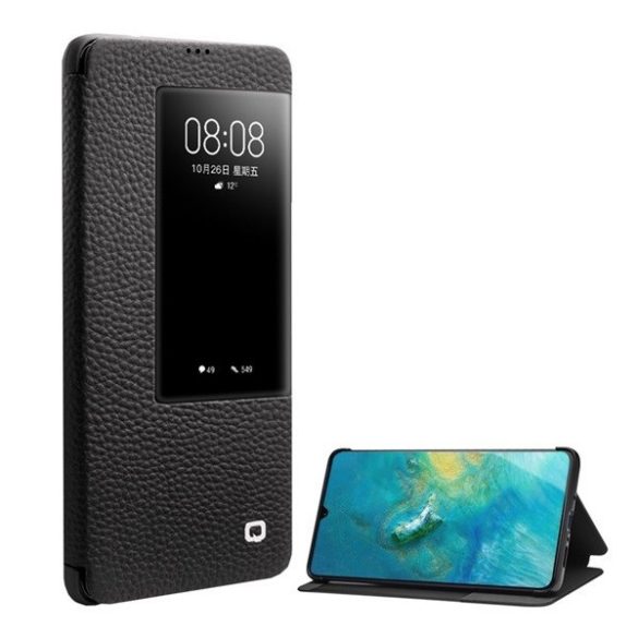 Huawei Mate 20 X / 20 X 5G, Oldalra nyíló tok, valódi bőrtok, hívás mutatós, érdes felület, View Window, Qialino, fekete