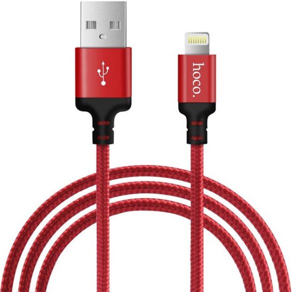 USB töltő- és adatkábel, Lightning, 200 cm, 2400 mA, törésgátlóval, gyorstöltés, cipőfűző minta, Hoco X14 Time Speed, piros
