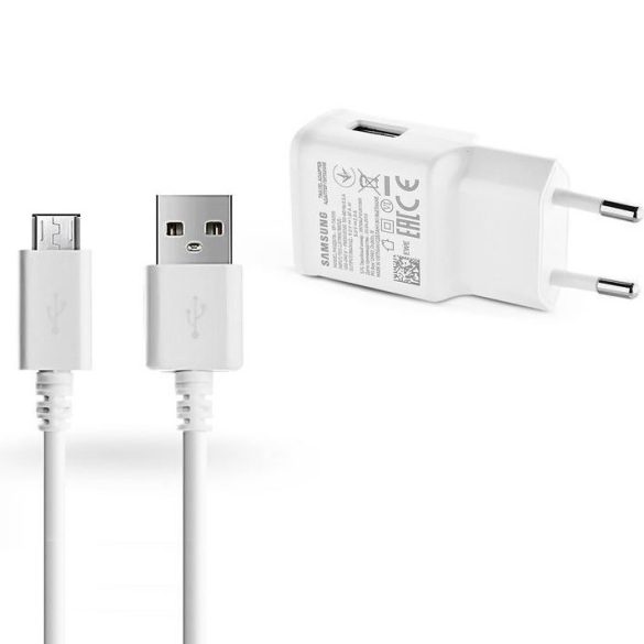 Hálózati töltő adapter, 5V / 2000mA, USB aljzat, microUSB kábellel, gyorstöltés, Samsung, fehér, gyári