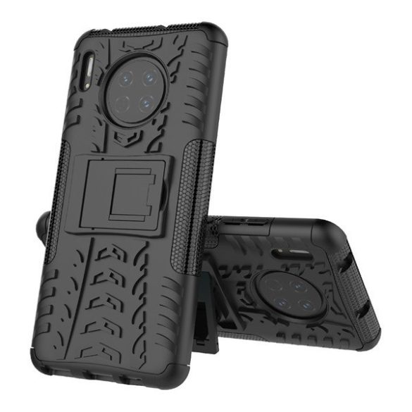 Huawei Mate 30 / 30 5G, Műanyag hátlap védőtok, Defender, kitámasztóval és szilikon belsővel, autógumi minta, fekete
