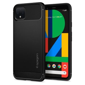 Google Pixel 4, Szilikon tok, Spigen Rugged Armor, karbon minta, fekete