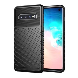 Samsung Galaxy S10 SM-G973, Szilikon tok, közepesen ütésálló, domború csíkos minta, fekete