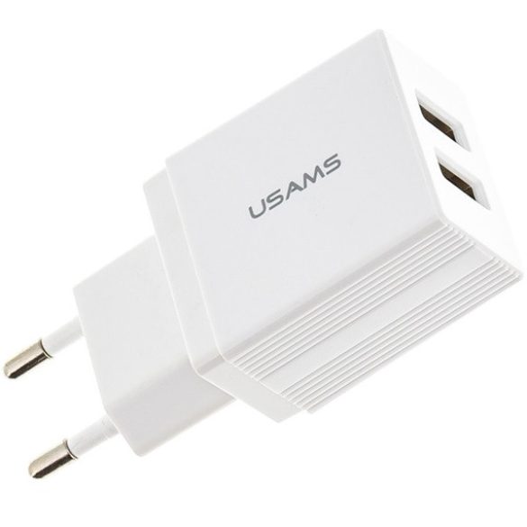 Hálózati töltő adapter, 10.5W, 2 x USB aljzat, Usams T24, fehér