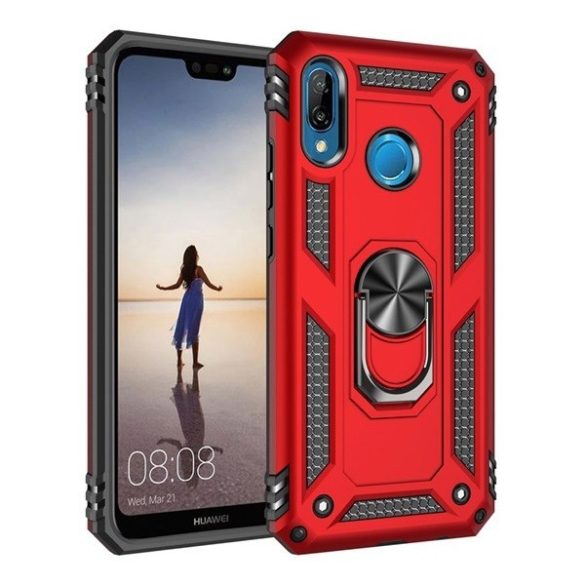 Huawei P20 Lite, Műanyag hátlap védőtok, közepesen ütésálló, szilikon belső, telefontartó gyűrű, Defender, piros
