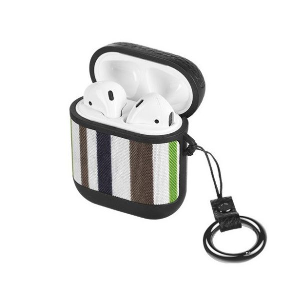Bluetooth fülhallgató töltőtok tartó, szilikon, karabiner, Apple AirPods / AirPods 2 kompatibilis, csíkos minta, Hoco WB17, fekete/zöld