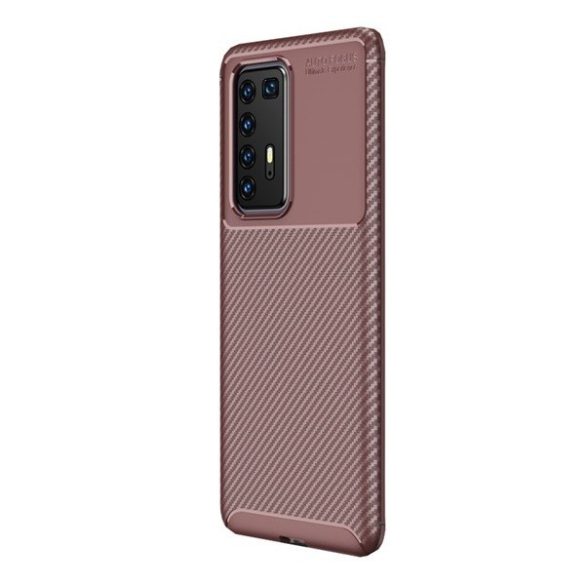 Huawei P40 Pro, Szilikon tok, közepesen ütésálló, légpárnás sarok, karbon minta, barna