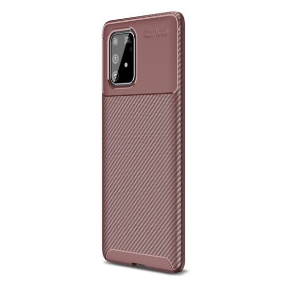 Samsung Galaxy S10 Lite SM-G770, Szilikon tok, közepesen ütésálló, légpárnás sarok, karbon minta, barna