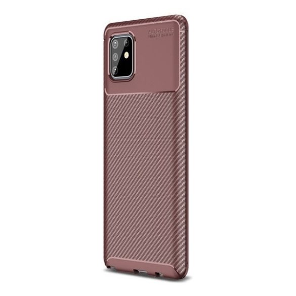 Samsung Galaxy Note 10 Lite SM-N770, Szilikon tok, közepesen ütésálló, légpárnás sarok, karbon minta, barna