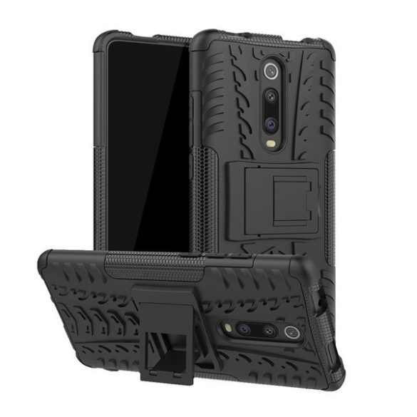 Xiaomi Redmi K30 / K30 5G / Poco X2, Műanyag hátlap védőtok, Defender, kitámasztóval és szilikon belsővel, autógumi minta, fekete