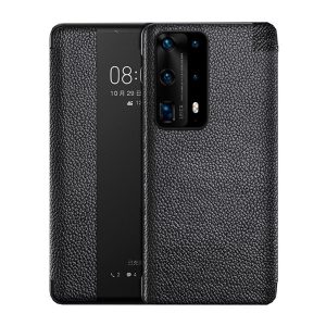 Huawei P40, Oldalra nyíló tok, valódi bőrtok, hívás mutatós, érdes felület, Smart View Cover, fekete (utángyártott)