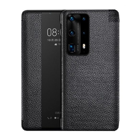 Huawei P40, Oldalra nyíló tok, valódi bőrtok, hívás mutatós, érdes felület, Smart View Cover, fekete (utángyártott)
