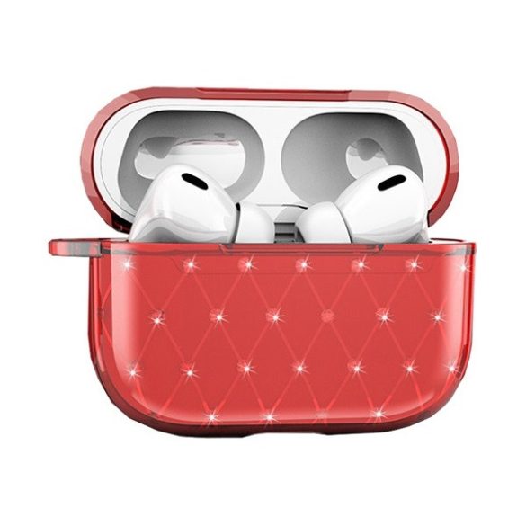 Bluetooth fülhallgató töltőtok tartó, szilikon, ultravékony, Apple AirPods Pro kompatibilis, strasszkővel, piros