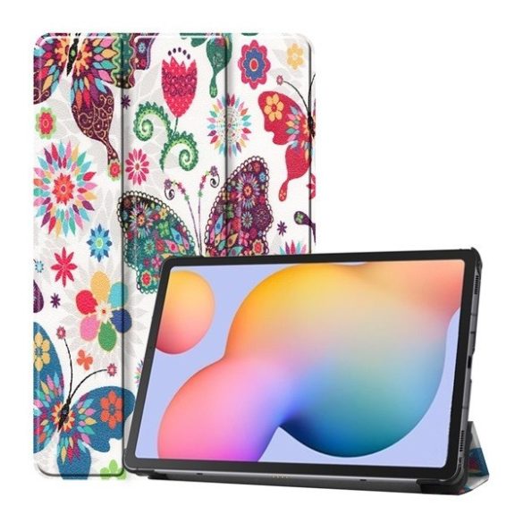 Samsung Galaxy Tab S6 Lite 10.4 / Tab S6 Lite 10.4 (2022) SM-P610 / P615 / P613 / P619, mappa tok, Trifold, színes nagy pillangó minta, fehér