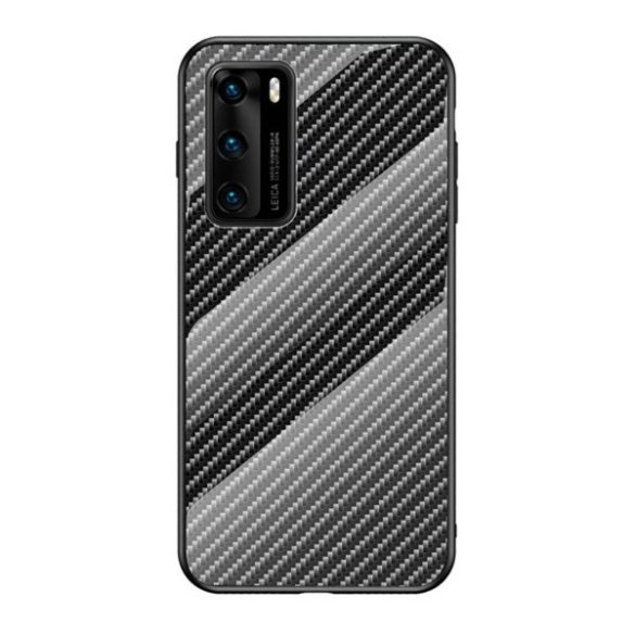 Huawei P40, Szilikon védőkeret, üveg hátlap, karbon minta, fekete