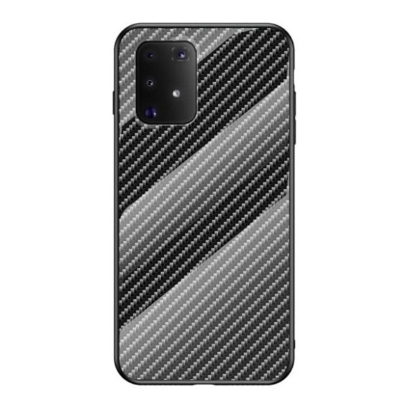 Samsung Galaxy S10 Lite SM-G770, Szilikon védőkeret, üveg hátlap, karbon minta, fekete