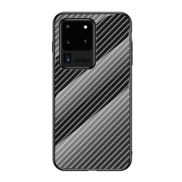 Samsung Galaxy S20 Ultra 5G SM-G988, Szilikon védőkeret, üveg hátlap, karbon minta, fekete