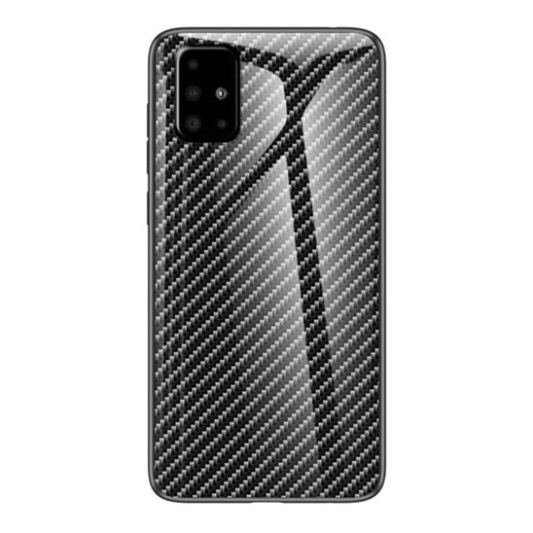 Samsung Galaxy A51 SM-A515F, Szilikon védőkeret, üveg hátlap, karbon minta, fekete