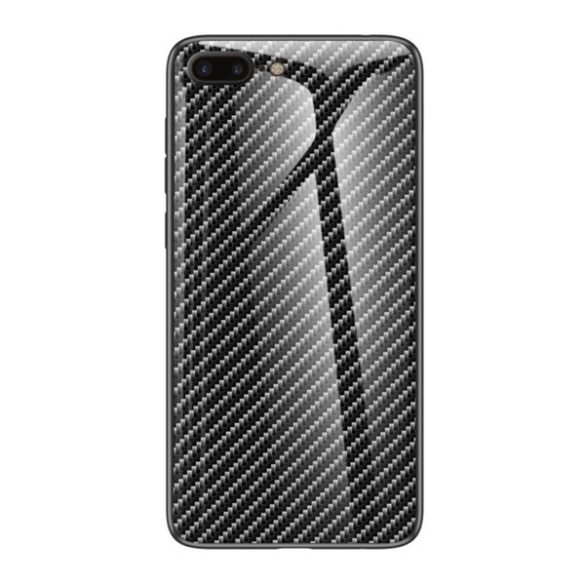 Apple iPhone 7 Plus / 8 Plus, Szilikon védőkeret, üveg hátlap, karbon minta, fekete