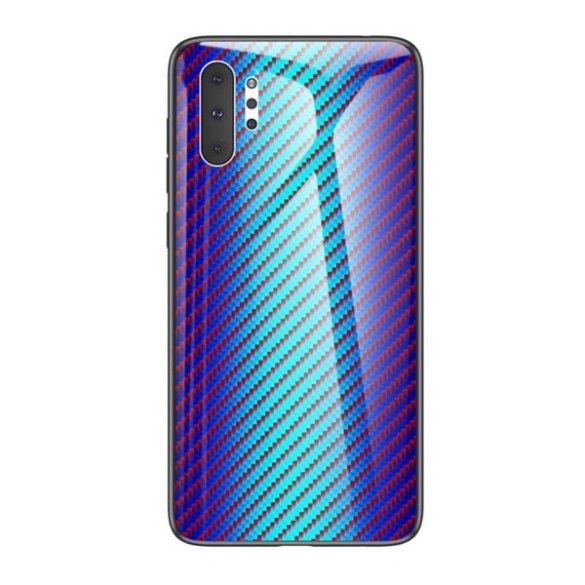 Samsung Galaxy Note 10 Plus / 10 Plus 5G SM-N975 / N976, Szilikon védőkeret, üveg hátlap, karbon minta, kék