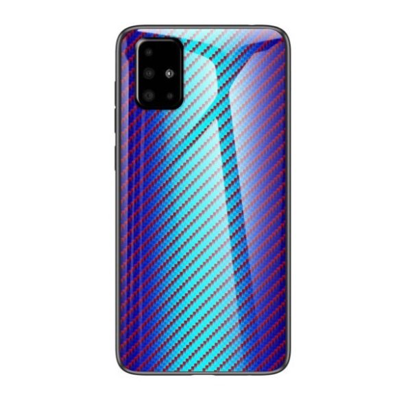 Samsung Galaxy A51 SM-A515F, Szilikon védőkeret, üveg hátlap, karbon minta, kék