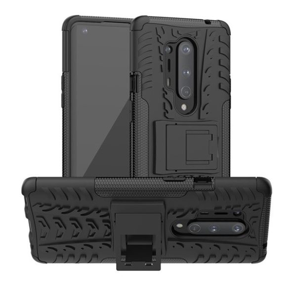 OnePlus 8 Pro, Műanyag hátlap védőtok, Defender, kitámasztóval és szilikon belsővel, autógumi minta, fekete