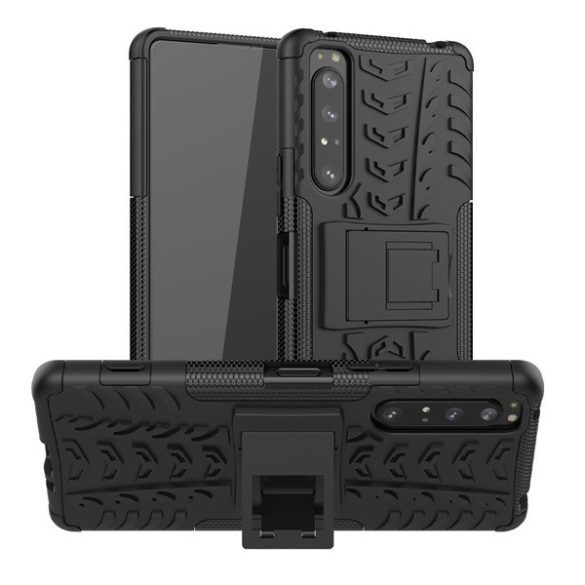 Sony Xperia 1 II, Műanyag hátlap védőtok, Defender, kitámasztóval és szilikon belsővel, autógumi minta, fekete