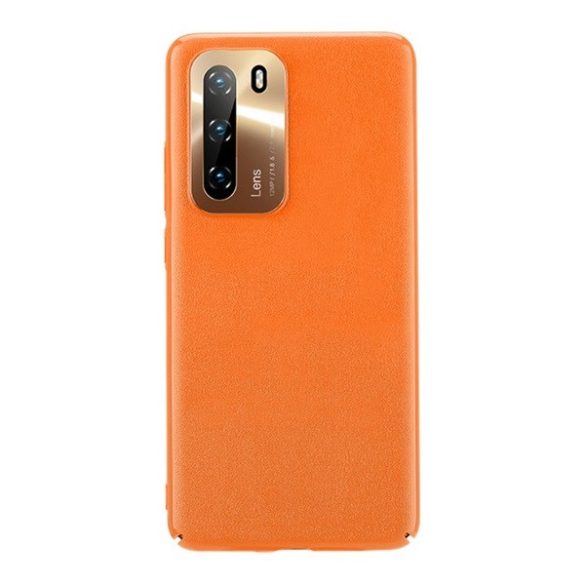 Huawei P40, Műanyag hátlap védőtok, ultravékony, fém kameravédő keret, bőrhatású, Joyroom Star Lord, narancssárga