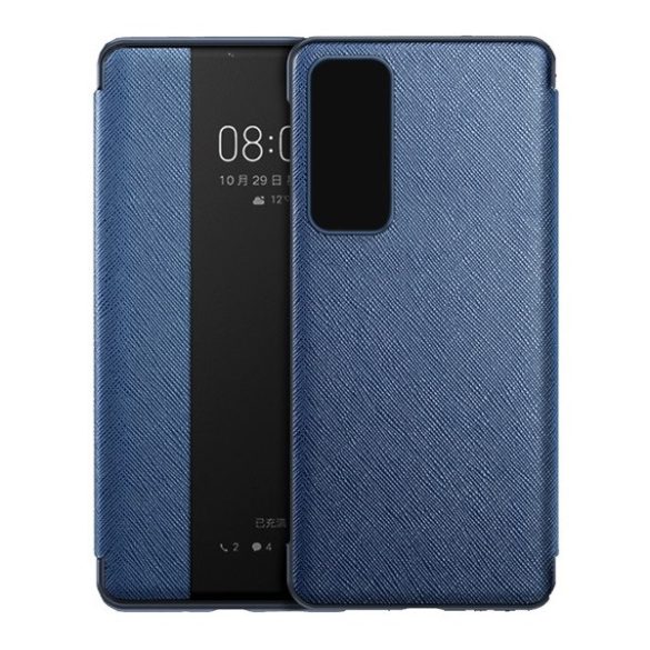 Huawei P40, Oldalra nyíló tok, bőrhatású, hívás mutatós, textil minta, View Window, kék