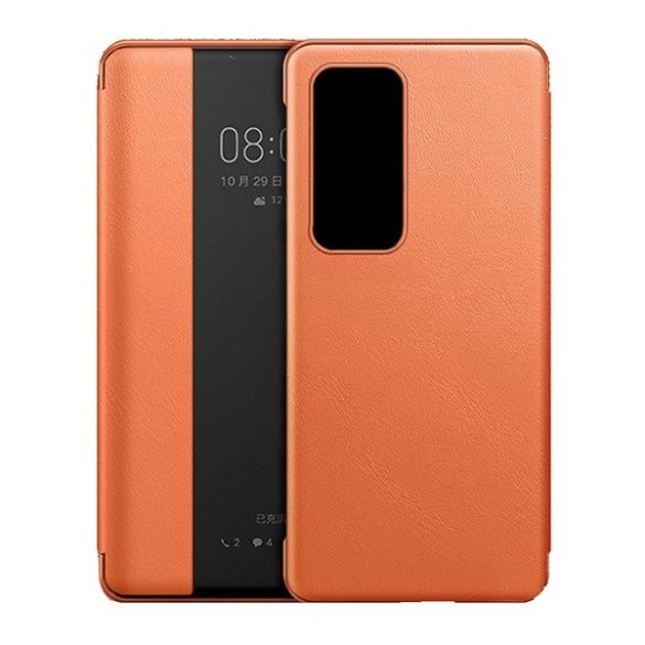 Huawei P40 Pro, Oldalra nyíló tok, bőrhatású, hívás mutatós, View Window, narancssárga
