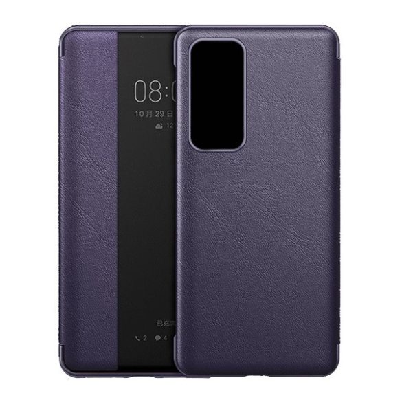 Huawei P40 Pro, Oldalra nyíló tok, bőrhatású, hívás mutatós, View Window, lila