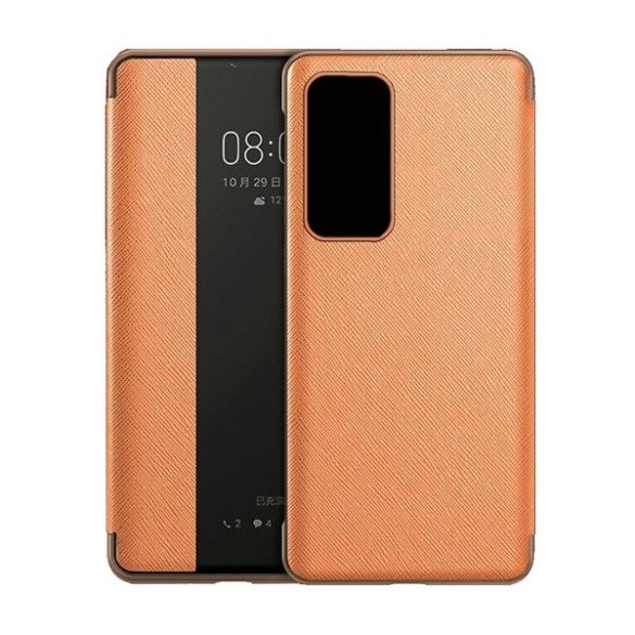 Huawei P40, Oldalra nyíló tok, bőrhatású, hívás mutatós, textil minta, View Window, narancssárga