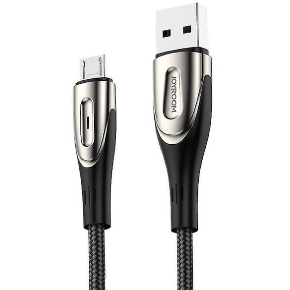 USB töltő- és adatkábel, microUSB, 300 cm, 3000 mA, törésgátlóval, gyorstöltés, cipőfűző minta, Joyroom Sharp S-M411, fekete
