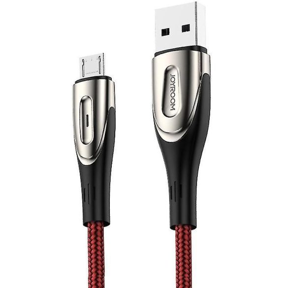 USB töltő- és adatkábel, microUSB, 200 cm, 3000 mA, törésgátlóval, gyorstöltés, cipőfűző minta, Joyroom Sharp S-M411, piros