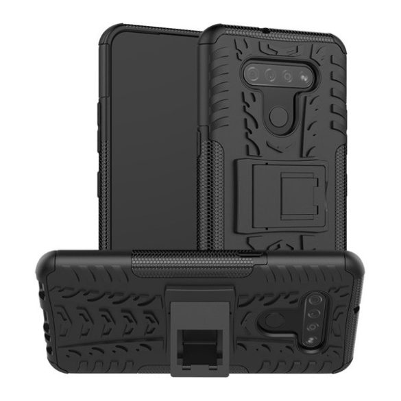 LG K41S / K51S, Műanyag hátlap védőtok, Defender, kitámasztóval és szilikon belsővel, autógumi minta, fekete