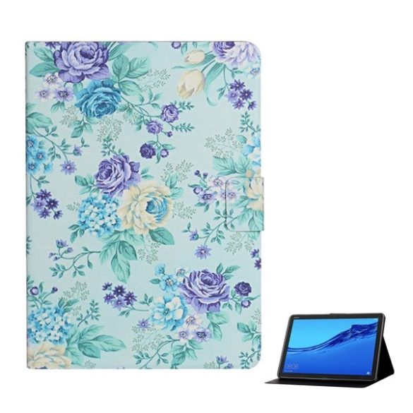 Huawei Mediapad M5 Lite 10.1, mappa tok, stand, virág minta, színes/kék