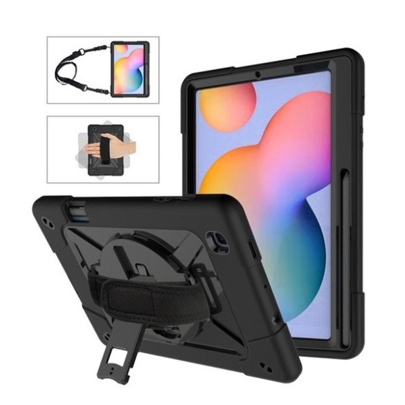 Samsung Galaxy Tab S6 Lite 10.4 / Tab S6 Lite 10.4 (2022) SM-P610 / P615 / P613 / P619, Műanyag hátlap védőtok, szilikon belső, kitámasztóval, kézpánt, vállpánt, Defender, fekete