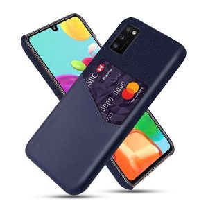 Samsung Galaxy A41 SM-A415F, Műanyag hátlap védőtok, közepesen ütésálló, textil bevonat, bőrhatású hátlap, kártyatartóval, sötétkék