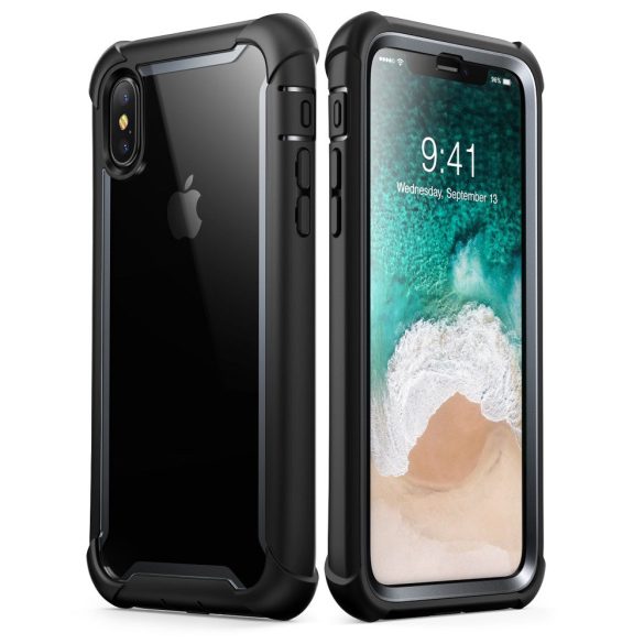 Apple iPhone X / XS, Műanyag hátlap védőtok (elő- és hátlapi) + Tempered Glass (edzett üveg), közepesen ütésálló, SupCase IBLSN Clear, átlátszó/fekete
