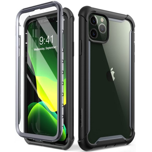 Apple iPhone 11 Pro, Műanyag hátlap védőtok (elő- és hátlapi) + Tempered Glass (edzett üveg), közepesen ütésálló, SupCase IBLSN Clear, átlátszó/fekete