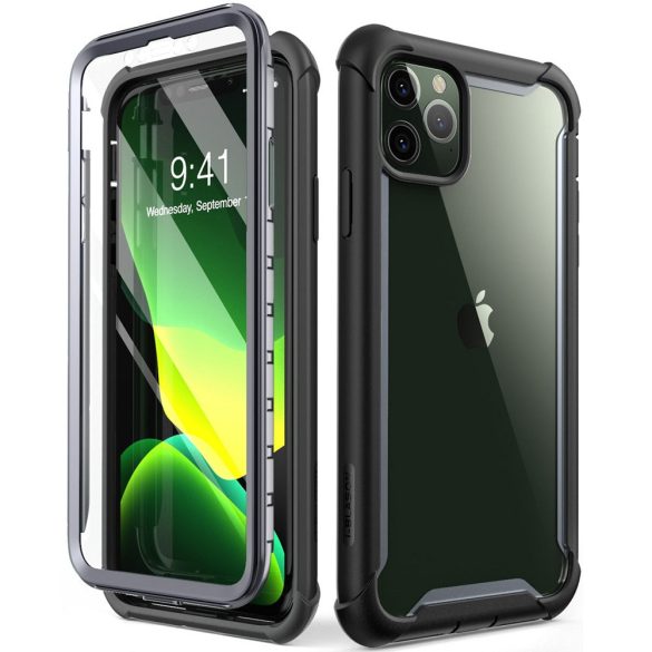 Apple iPhone 11 Pro Max, Műanyag hátlap védőtok (elő- és hátlapi) + Tempered Glass (edzett üveg), közepesen ütésálló, SupCase IBLSN Clear, átlátszó/fekete